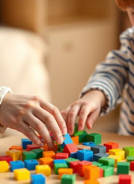 Close-up of an adult and child’s hands working together to build a structure with colorful wooden blocks on a small wooden table.