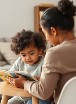 A mother and her young child sitting together at a wooden table, reading a colorful storybook in a cozy and well-lit home environment.