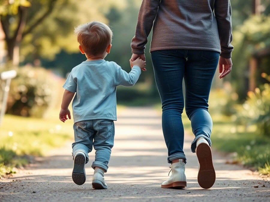 A mother and her young child holding hands while walking along a peaceful path in a sunlit park, surrounded by greenery.