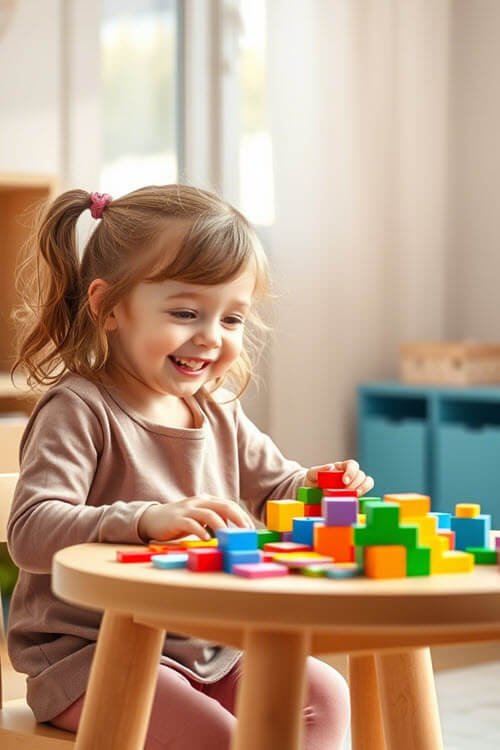 A happy young girl with a ponytail, wearing a cozy outfit, sitting at a wooden table and stacking colorful building blocks in a bright, well-organized playroom.